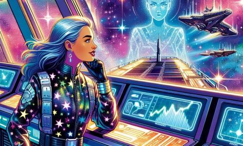 Aurora, una giovane donna di 26 anni, si erge con orgoglio sulla passerella della Polaris, i suoi lunghi capelli che fluttuano in assenza di gravità, il viso illuminato dall'eccitazione e dalla determinazione. Indossa una tuta spaziale brillante, decorata con motivi stellati, e osserva intensamente uno schermo olografico che mostra la sagoma della Vega, avvolta in una nebulosa colorata. Accanto a lei, Intellina, un'intelligenza artificiale in forma di ologramma, appare come una silhouette luminosa fluttuante, circondata da bagliori di luce. Proietta grafici e dati, i suoi occhi virtuali brillano di una luce blu mentre analizza la situazione. Il luogo è una passerella futuristica, piena di pannelli di controllo scintillanti e finestre panoramiche che offrono una vista spettacolare sull'immensità dello spazio, punteggiata di stelle scintillanti e nebulose colorate. La scena principale mostra Aurora, concentrata e pronta a prendere decisioni cruciali, mentre si prepara a navigare verso la Vega, circondata dalla bellezza misteriosa e vibrante della Nebulosa Arcobaleno, piena di promesse e pericoli.