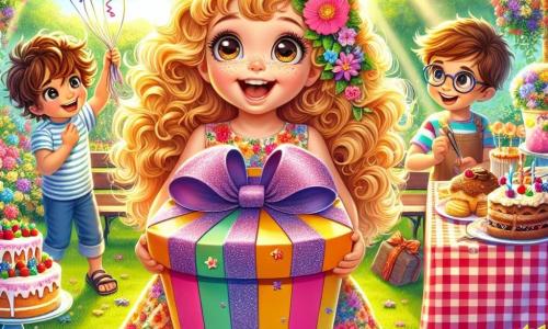 Ein 9-jähriges Mädchen, Leni, mit großen neugierigen Augen und lockigem, goldenem Haar, lächelt fröhlich, während sie ein riesiges, buntes Geschenk mit glitzernden Bändern hält. Sie trägt ein hellblumiges Kleid und Sandalen. An ihrer Seite sind ihre Freunde: Max, ein 10-jähriger Junge mit zerzausten braunen Haaren und einem gestreiften T-Shirt, der bunte Ballons hält und herzlich lacht; Mia, ein 9-jähriges Mädchen mit Zöpfen und einem rosa Kleid, die gerade Blumenketten auf einen Tisch hängt; und Ben, ein 9-jähriger Junge mit Brille und einem schelmischen Lächeln, der auf einem karierten Tischdecken Kuchen vorbereitet. Der Ort ist ein blühender Garten, gefüllt mit bunten Blumen, grünen Bäumen und einem großen Tisch, der mit Süßigkeiten dekoriert ist. Die Szene strahlt eine fröhliche und festliche Atmosphäre aus, mit Sonnenstrahlen, die alles erhellen. Die Hauptsituation zeigt Leni und ihre Freunde, die eine Überraschung zum Muttertag vorbereiten, mit Lachen und Freude, während sie sich darauf vorbereiten, ihrer Mutter die Überraschung zu enthüllen.