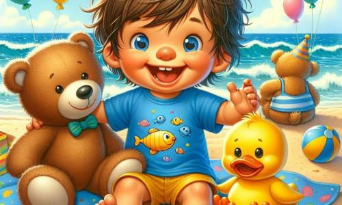 A 2-year-old boy named Max, with messy brown hair and a big joyful smile, is sitting on a colorful blanket on the sand. He is wearing a blue t-shirt with fish designs and yellow shorts. Max is laughing with his arms raised, surrounded by his friends. Next to him is a teddy bear named Teddy, with brown fur and shiny eyes, sitting on a corner of the blanket holding a small party hat. A bright yellow plastic duck named Quack is next to Max, looking curiously at the sand. The scene takes place on a sunny beach, with turquoise waves gently crashing on the shore. The sky is clear with a few white clouds, and colorful balloons float in the distance. Max is celebrating his birthday with friends, building a big sandcastle, laughing and having fun in the sun.
