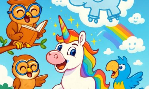 Un unicorno dai crini arcobaleno, chiamato Ricciolo, si trova felice al centro della scena, con un grande sorriso splendente e occhi scintillanti di eccitazione. La sua corna brillante, a spirale, emette bagliori di luce multicolore. Alla sua destra, un pappagallo colorato di nome Piumino, con piume blu vivo e giallo brillante, danza allegramente su una zampa, mostrando un'espressione giocosa e divertita. A sinistra, un gufo con occhiali giganti, Gufetto, è appollaiato su un ramo, ridendo a crepapelle con occhi rotondi e curiosi, tenendo un libro aperto. Lo sfondo è un magnifico campo di fiori multicolori, punteggiato da nuvole a forma di animali buffi, sotto un cielo blu splendente con un arcobaleno brillante sullo sfondo. La scena principale mostra Ricciolo che usa la sua corna magica per creare una nuvola a forma di elefante con i pattini, che fa piroette nel cielo, mentre tutti i personaggi ridono e applaudono, pieni di gioia e meraviglia.