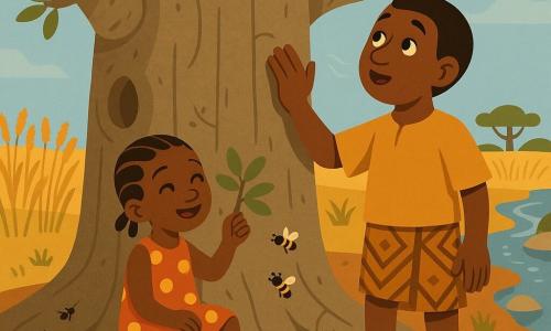 A man named Kofi with a round face and gentle smile, warm brown skin and short black hair, wearing an ochre tunic and patterned wrap, rests his right hand on the rough trunk of a large baobab and listens to the wind with an attentive expression; to his left sits his about six-year-old sister with short braided hair in a red dress with yellow dots smiling at the leaves, while a line of bees and a colony of small black ants bustle at the tree base carrying millet, the massive baobab with textured gray-brown bark and thick arm-like branches stands at the center, behind it golden millet fields ripple under a pale blue sky and a sparkling stream winds to the right over smooth stones, the scene calm and warm with earthy ochre, brown, green and gold tones, simple shapes, clear contrasts, and a composition focused on Kofi’s contact with the tree and a mood of listening and discovery.