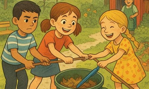 An enthusiastic, focused 8-year-old girl with a smiling freckled face and light brown pigtails stands on tiptoe reaching for a blue pen at the bottom of a large green metal trash can while a serious, slightly hesitant 8-year-old boy, Sam, in a striped shirt and short black hair holds a long branch to slide the pen toward her from the left and a cheerful 8-year-old girl, Lily, in a yellow floral dress with braided blonde hair steadies the branch from the right; in the sunny community garden behind them Mr. Green, about 60, wearing a green apron and holding a watering can, watches from a gravel path near raised carrot beds, tall sunflowers, a varnished wooden bench and a small red shed, as the children laugh in collaborative triumph; warm natural tones, bright blue pen, soft contrasts and slightly grainy textures.