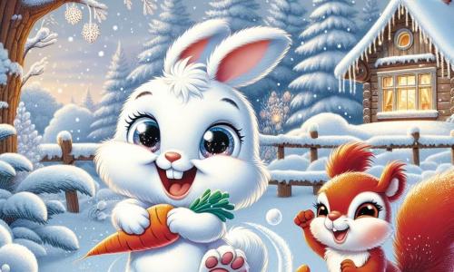 En un bonito jardín nevado, un pequeño conejo blanco llamado Toby, con un pelaje suave y ojos brillantes de alegría, salta entusiasmado mientras sostiene una zanahoria en sus patas. Junto a él, una ardiente ardilla llamada Sara, con pelaje rojizo y una cola esponjosa, trepa por una rama de árbol, sus ojos brillando de felicidad mientras observa a Toby y se prepara para lanzar una bola de nieve. Al fondo, el jardín está cubierto de una gruesa capa de nieve brillante, los árboles adornados con copos de nieve, y una pequeña casa de madera con humo saliendo de la chimenea, creando una atmósfera cálida y acogedora. La escena muestra a Toby y Sara jugando en la nieve, rodeados de risas y alegría, capturando el espíritu festivo y amigable del invierno.