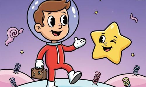 A smiling, delighted man with short brown hair and bright round eyes wears a small red spacesuit with white gloves, holds a small suitcase and greets while stepping onto a pastel planet; a round joyful yellow anthropomorphic star floats to his right winking and a smooth silver pebble to his left seems to laugh. The soft surface has rounded pink and blue hills and spring-like colorful plants under a violet gradient sky with twinkling stars, curled clouds and a large blue planet on the horizon. Warm, playful scene in thick lines, rounded shapes, saturated colors, smooth textures, soft lighting and simple contrasts.