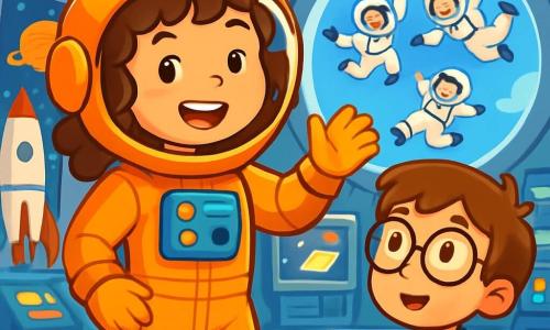 A young girl, Zara, is at the center of the image, wearing a bright orange spacesuit, with an excited smile on her face. Her curly hair floats slightly around her, and she is waving with one hand as if greeting a friend. Next to her, a 7-year-old boy, Sam, wearing round glasses, holds a small notebook. He looks at Zara with wide eyes of curiosity and admiration. The setting is inside the Space Training Center, a large silver dome filled with rocket models, colorful space displays, and a huge window offering a view of a bright blue sky. Futuristic equipment and bright screens add a dynamic touch to the background. Zara and Sam are visiting the zero-gravity simulator, where training astronauts joyfully float in the air, performing acrobatics. The atmosphere is filled with joy and wonder, capturing the spirit of adventure and discovery in this magical place.