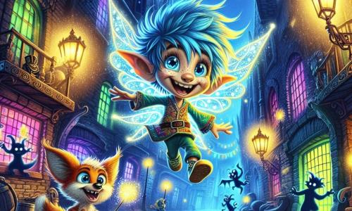 Zippy, a sprite with electric blue hair and bright lamp-like eyes, joyfully flies through a bustling alley in the city of Luminara, wearing a colorful tunic and sparkling magical wings. Beside him, Flicker, a half-fox half-dragon creature with shimmering scales and a bushy tail, leaps enthusiastically, his eyes sparkling with mischief and determination, ready to assist Zippy in their mission. The background features a cobblestone alley lined with old brick buildings, where colorful neon lights illuminate the walls, creating a vibrant and mysterious atmosphere. Shadows dance on the walls, suggesting the presence of mischievous goblins hiding. The main scene shows Zippy and Flicker united, ready to confront the troublesome imps while magic sparkles around them, creating an ambiance of adventure and friendship in this fantastical city.