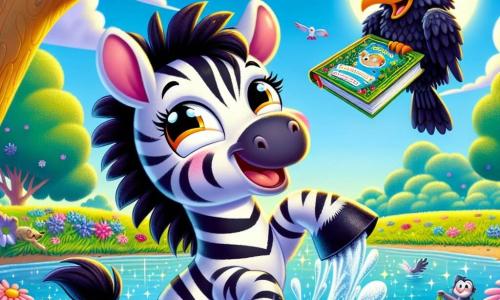 Uma pequena zebra alegre chamada Leonor, com listras pretas e brancas brilhantes, está à beira de um lago, respingada de água, com um grande sorriso no rosto. Seus olhos brilham de felicidade e excitação enquanto segura um livro flutuante com suas patas dianteiras. Ao lado dela, um velho corvo sábio, o Sr. Edgar, com penas pretas brilhantes e óculos redondos, observa Leonor com admiração. Ele está empoleirado em um galho de árvore, com as asas levemente abertas, e sua expressão é cheia de orgulho. Ao fundo, uma grande árvore frondosa com ramos extensos oferece sombra, enquanto flores coloridas margeiam o lago cintilante. O céu é de um azul intenso, salpicado de nuvens brancas fofas. A cena mostra Leonor, cheia de alegria, saindo da água com o livro do Sr. Edgar, celebrando seu ato heroico com seus amigos ao redor, todos rindo e aplaudindo.