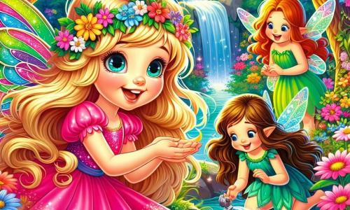 La Bella Addormentata nel Bosco, una giovane con lunghi capelli dorati e un vestito rosa brillante, si trova accanto a un ruscello scintillante, il suo viso radioso di curiosità e meraviglia. I suoi occhi brillano di eccitazione mentre ammira i fiori colorati che la circondano. Accanto a lei, Flora, una fata con ali scintillanti e un vestito verde, vola gioiosamente, sorridendo con benevolenza. Fauna, un'altra fata con capelli castani e un vestito blu, è accovacciata vicino ai fiori, annaffiandoli delicatamente con una piccola brocca. Il contesto è un magnifico boschetto incantato, pieno di alberi maestosi, fiori multicolori e un ruscello dalle acque cristalline che serpeggia tra le rocce. La scena principale mostra la Bella Addormentata che scopre la bellezza della natura, circondata dalle sue amiche fate, mentre si impegnano a proteggere e celebrare la magia del loro ambiente.