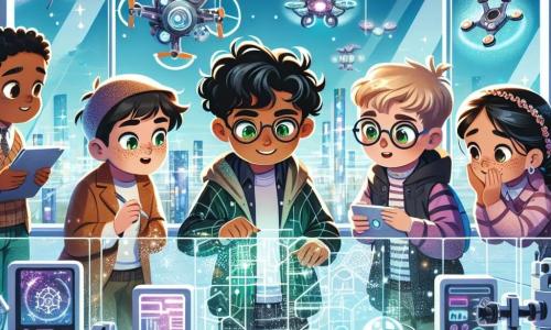 In een futuristisch laboratorium staan vier vrienden samen, omringd door glinsterende machines en kleurrijke hologrammen. Kiran, een 11-jarig meisje met krullend zwart haar en sprankelende groene ogen, staat in het midden en houdt enthousiast een plan van hun project vast. Rechts van hem kijkt Jip, een 10-jarige jongen met blond haar en ronde brillen, nieuwsgierig naar een helder scherm. Links noteert Noor, een 11-jarig meisje met gevlochten bruin haar en een ondeugende glimlach, op een tablet. Tot slot leunt Sam, een 10-jarige jongen met rood haar en sproeten, verwonderd over een complexe machine. Het laboratorium is gevuld met geavanceerde technologie, met glazen muren die een futuristische stad op de achtergrond onthullen, waar drones vliegen en glinsterende gebouwen naar de lucht rijzen. Groene planten klimmen langs de muren en voegen een vleugje natuur toe aan deze hightech omgeving. De kinderen werken samen aan hun revolutionaire project, vastbesloten om de mysterieuze "Nexus Energie" te activeren die hun stad kan transformeren. Ze delen enthousiast ideeën en zijn bereid om alle uitdagingen te overwinnen om hun droom te verwezenlijken.