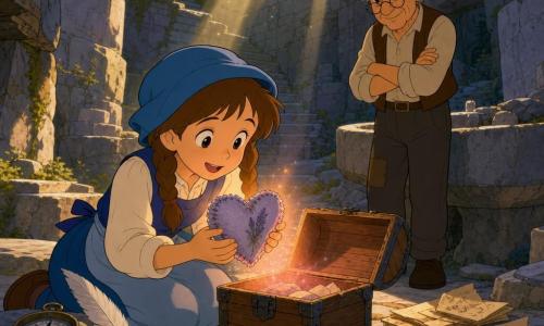 Die Protagonistin ist ein 10-jähriges Mädchen mit rundem Gesicht, blauem Mütze, zwei braunen Zöpfen, neugierigem Blick und erstaunter Lächeln, kniend vor einer kleinen offenen Holzkiste und ein abgenutztes, lavendelduftendes Stoffherz haltend; eine Nebenfigur ist ein etwa 60-jähriger schlanker Mann mit runden Brillen und zerzausten grauen Haaren, hinter ihr am Rand eines steinernen Beckens stehend, die Hände verschränkt, sanft und stolz beobachtend; links liegen ein kleiner Metallzirkel und eine weiße Feder auf einem Stein, rechts glänzen Papierstücke, eine irisierende Muschel und ein abgenutztes Notizbuch; der Ort ist ein alter Steinbruch mit hohen grauen Wänden, zugeschnittenen Treppen und moosbedeckten rauen Steinen, durch die goldene Sonnenstrahlen und funkelnder Staub dringen; die Szene zeigt die Holzkiste, die eine warm orange-rosa Leuchtkraft ausstrahlt, verstreute Papiere und Zeichnungen und vermittelt eine intime, magische Entdeckungsstimmung in einer kräftigen, kontrastreichen Farbpalette im Stil von Zeichentrickserien der 90er Jahre.