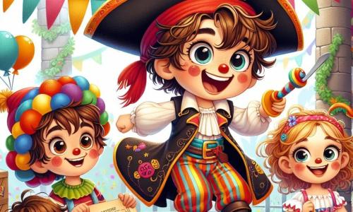 Un niño de 4 años, Lucas, con cabello castaño desordenado y ojos brillantes de alegría, lleva un colorido disfraz de pirata con un gran sombrero negro adornado con una pluma roja. Salta de felicidad, sosteniendo un mapa del tesoro en una mano y una espada de cartón en la otra, con una gran sonrisa en su rostro. A su lado, Leo, un niño de 5 años, está disfrazado de payaso con una nariz roja y cabello rizado multicolor. Hace una mueca divertida, sosteniendo un globo en forma de animal, y se mantiene un poco atrás, riendo del entusiasmo de Lucas. Carla, una niña de 6 años, está pintando un gran mural colorido en un panel de madera. Tiene el cabello largo y rubio trenzado y lleva un vestido con estampados florales. Sonríe mientras mira a Lucas y Leo, animándolos en su búsqueda. La escena se desarrolla en un parque festivo, decorado con guirnaldas de colores vivos, globos flotantes y serpentinas que caen de los árboles. Niños juegan alrededor, y se ven puestos de golosinas en el fondo, añadiendo a la atmósfera alegre del carnaval. Lucas, Leo y Carla están en plena aventura, buscando un tesoro escondido bajo un gran árbol decorado con cintas brillantes, con expresiones de emoción y curiosidad en sus rostros.