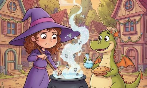 Filomena, apprendista strega di 8 anni, ha un'aria concentrata ma un po' colpevole, occhi brillanti e sopracciglia aggrottate, capelli castani ricci sotto un grande cappello appuntito troppo grande, sta mescolando un grande calderone fumante con un lungo cucchiaio di legno; Puffo, un drago maschio gentile e rotondo, un po' goffo, con una crosta di torta in mano, occhi rotondi e sorriso rassicurante, tiene una fiala di acqua magica vicino al calderone; sullo sfondo il villaggio di Magiluna: casette di legno colorate, finestre a quadretti, vicoli lastricati, alberi dalle foglie lucenti e ghirlande di fiori, scena nella piazza centrale al tramonto con abitanti con sorrisi sorpresi e gatti che ridono silenziosi sui tetti; situazione principale: Filomena e Puffo preparano un rimedio magico per fermare un sortilegio di risate incontrollabili, vapore scintillante dal calderone e petali di fiori del silenzio nell'aria, colori caldi e toni pastello, atmosfera divertente e incantata; stile visivo: linee nette, colori vividi e saturi, ombre morbide, espressioni esagerate e gestualità chiara.