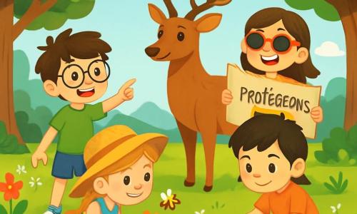 Hay 4 niños: - Leo: un niño de 8 años, con cabello castaño desordenado y gafas redondas. Lleva una camiseta verde y un pantalón corto azul. Está de pie, sonriendo, señalando un ciervo majestuoso cercano. - Ana: una niña de 7 años, con largas trenzas rubias y un sombrero de paja. Lleva un vestido colorido con flores y está agachada, observando una abeja que vuela alrededor de una flor. - Sofía: una niña de 8 años, con cabello castaño y gafas de sol. Lleva una camiseta rosa y pantalones beige. Está de pie, sosteniendo un cartel colorido que dice "¡Protejamos los ciervos!", con una gran sonrisa. - Pablo: un niño de 7 años, con cabello negro y una camiseta naranja. Está sentado cerca de un pequeño arroyo, sosteniendo un balde y recogiendo basura, con una expresión decidida en su rostro. El lugar es un parque natural lleno de árboles majestuosos, flores coloridas y un arroyo cristalino que serpentea por el paisaje. La situación muestra a los niños en acción, cada uno comprometido con una misión de conservación: Leo admira el ciervo, Ana observa las abejas, Sofía sostiene su cartel de concienciación y Pablo recoge basura para proteger el arroyo. La atmósfera es alegre y enérgica, ilustrando su amor por la naturaleza y su deseo de preservarla.