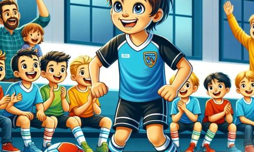 Un ragazzo di 10 anni, Davide, con i capelli castani disordinati e un sorriso splendente, sta dribblando una palla da pallamano rossa e blu su un campo sportivo. I suoi occhi brillano di eccitazione e determinazione. Indossa una maglietta blu con il logo della sua squadra, 