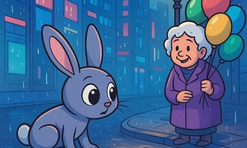 Un iepuraș gri pe nume Luni, cu ochi mari și strălucitori și urechi drepte, privește cu curiozitate o umbră dansatoare sub un vechi felinar. Pare atât de intrigat cât și puțin speriat, cu labele din spate ușor îndoite, ca și cum ar fi gata să sară. Aproape de el, o bătrână cu părul alb și un zâmbet cald, îmbrăcată într-un palton violet, vinde baloane colorate care plutesc ușor în aer. Ea pare veselă și primitoare, observându-l pe Luni cu bunăvoință. Decorul este o stradă urbană animată, cu clădiri de sticlă strălucind sub lumina neonurilor și o ploaie ușoară care creează reflexii pe asfalt. Picături de apă cad de pe acoperișuri, adăugând o notă de magie scenei. Luni, fascinat, se apropie de umbra misterioasă care se răsucește în jurul unui capac de canal, pregătit să descopere secretul pe care îl ascunde această noapte fermecată.