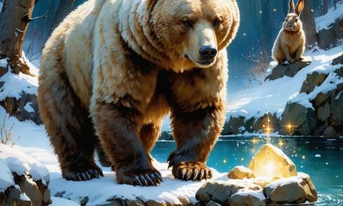 Bruno, un grande orso bruno con un pelo spesso e morbido, si trova al bordo di un laghetto scintillante, i suoi occhi brillano di meraviglia e curiosità. Guarda una pietra magica che emette una luce splendente, con le zampe anteriori tese verso di essa, come se stesse per esprimere un desiderio. Accanto a lui, Lella, una piccola coniglietta dalle grandi orecchie e dal pelo bianco come la neve, salta di gioia, il suo viso radioso di eccitazione. Punta la pietra con un dito, i suoi occhi scintillano di felicità. Sullo sfondo, Tessa, una saggia tartaruga con un guscio decorato di motivi colorati, osserva la scena con un sorriso benevolo, seduta su una pietra piatta, circondata da fiori selvatici che danzano al vento. Il luogo è un magnifico boschetto, immerso in una luce dorata, con alberi maestosi dalle foglie verdi vibranti e un cielo blu chiaro punteggiato di nuvole soffici. Il laghetto, con acque cristalline, riflette i raggi del sole, creando lampi di luce che illuminano l'intera scena. La situazione principale mostra Bruno e Lella, meravigliati dalla pietra magica, pronti a esprimere un desiderio per portare felicità e gioia a tutti gli abitanti del bosco.