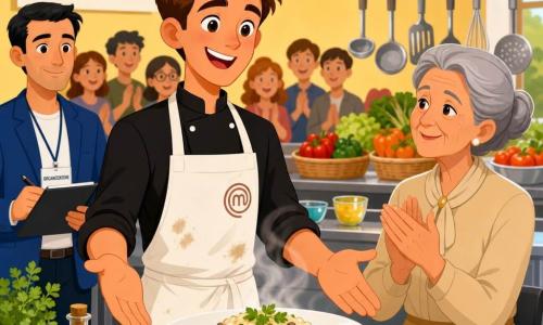 Un giovane chef sorridente ed emozionato, capelli castani corti e leggermente infarinato, porge delicatamente un piatto di risotto cremoso fumante ai giudici con postura sicura; a destra una giudice anziana con chignon grigio e camice beige applaude con sguardo benevolo. Sullo sfondo a sinistra un organizzatore adulto con giacca blu e taccuino osserva, mentre la luce illumina una grande cucina da concorso con pareti giallo pallido, piani in acciaio, utensili sospesi e una tavola con ciotole e ceste di verdure; l'atmosfera è gioiosa durante la consegna del piatto.