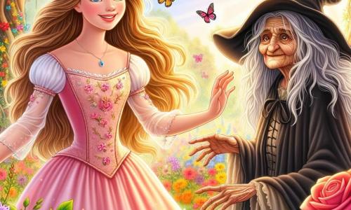 La principessa Clara, una giovane di circa 18 anni con lunghi capelli dorati e occhi pieni di curiosità, si trova nel mezzo di un giardino incantevole, con un sorriso caloroso sul volto. Indossa un leggero vestito di raso rosa, decorato con fiori ricamati, e tende la mano verso una vecchia strega, la Strega Nera, di circa 70 anni, con capelli grigi in disordine e un volto rugoso, ma ora sereno e sorridente. La strega, vestita con un abito nero consumato, sta accanto a Clara, ammirando i fiori colorati che li circondano. Il giardino è un vero quadro di colori, con rose rosse, girasoli gialli e delicate violette, mentre farfalle multicolori volano intorno a loro. Sullo sfondo, alberi maestosi con foglie verdi brillanti creano un'atmosfera magica, e un dolce raggio di sole filtra tra i rami. La scena principale mostra Clara e la Strega Nera che condividono un momento di complicità, Clara spiega alla strega che la bellezza risiede nella gentilezza e nell'amore, mentre la strega ascolta attentamente, un sorriso che nasce sulle sue labbra.