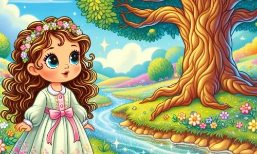 A 3-year-old girl named Luna, with big bright eyes and curly chestnut hair, stands by a sparkling stream, a look of wonder on her face. She wears a light dress in pastel colors, adorned with floral patterns. Next to her, a majestic old oak tree with a wide trunk and lush green leaves seems to speak to her, its branches extending like welcoming arms. The setting is an enchanting landscape where the stream winds through a colorful valley filled with vibrant flowers under a blue sky dotted with fluffy clouds. Luna listens attentively to the whispers of the stream, fascinated by the stories it tells, while the wise and protective oak watches over her, creating a magical and curious atmosphere.