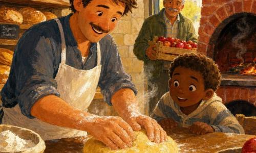 Um padeiro sorridente e caloroso, rosto arredondado com bigode fino, cabelos castanhos despenteados e grande avental branco levemente enfarinhado amassa uma bola de massa dourada com mãos largas e cuidadosas; um menino de cerca de 9 anos, curioso e maravilhado, cabelo curto castanho, está em pé junto à mesa com as mãos na bancada observando a massa; um vizinho mais velho (~60 anos), pele bronzeada e cabelos grisalhos, segura uma caixa de maçãs vermelhas brilhantes na porta da padaria; cena numa pequena padaria luminosa de paredes de pedra clara, grandes janelas com luz dourada, prateleiras de madeira com pães dourados e um grande forno de tijolos vermelhos soltando leve fumaça; ação principal: o padeiro e o menino preparam brioches de maçã — massa macia sobre a mesa, maçãs fatiadas e manteiga ao lado, vapor subindo; atmosfera acolhedora, cores quentes (ocre, âmbar, vermelho maçã) e texturas de farinha, madeira e massa.