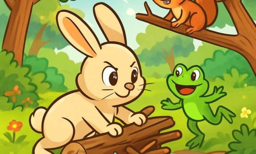 A young rabbit named Oliver, with soft cream-colored fur, sparkling curious eyes, and a determined look, is pushing a large branch with all his little paws. Beside him, a joyful frog named Lily, with shiny green skin and round eyes, jumps enthusiastically, encouraging Oliver. An energetic squirrel named Benny, with bright red fur and a bushy tail, climbs a branch to observe the scene, showing an excited smile. The setting is a lush clearing surrounded by majestic trees with vibrant leaves, with a gently flowing stream bordered by colorful flowers and lush bushes. The main situation shows Oliver and his friends working together to clear a pile of branches blocking the stream, with splashes of water and sunlight filtering through the leaves, creating an atmosphere of camaraderie and adventure.