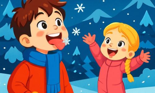 An 8-year-old boy, Tommy, with messy brown hair and rosy cheeks, smiles in wonder as he catches a snowflake on his tongue. He wears a bright red coat, a blue scarf, and yellow gloves, standing in the sparkling snow. Next to him, his 5-year-old sister Lily, with braided blonde hair and sparkling eyes, laughs while raising her arms to catch snowflakes. She is dressed in a pink snow suit with white boots. In the background, a snowy mountain landscape stretches as far as the eye can see, with snow-laden fir trees and a night sky filled with bright stars. The scene captures the magical moment when the children make wishes while catching snowflakes, surrounded by the beauty of a fairy-tale winter.
