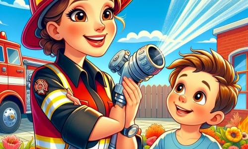 Uma jovem, Sofia, está no centro da imagem, vestida com um uniforme vermelho vivo de bombeiro, com um capacete brilhante na cabeça. Seu rosto irradia determinação e alegria, seus olhos brilham de orgulho enquanto ela mostra uma grande mangueira a um menino. Ao seu lado, Tomás, um menino de seis anos com cabelos castanhos e olhos arregalados, admira a mangueira com um sorriso maravilhado. Ele usa uma camiseta azul e um short amarelo, se equilibrando na ponta dos pés para ver melhor. A cena ocorre no jardim ensolarado do quartel dos bombeiros, cercado por flores coloridas e um grande caminhão vermelho brilhante ao fundo. O céu é de um azul vibrante, com algumas nuvens brancas fofas. Sofia explica entusiasticamente o funcionamento da mangueira, enquanto Tomás a escuta atentamente, de braços cruzados, absorvido por suas palavras. A atmosfera é alegre e cheia de energia, capturando o espírito de aventura e camaradagem entre os dois personagens.