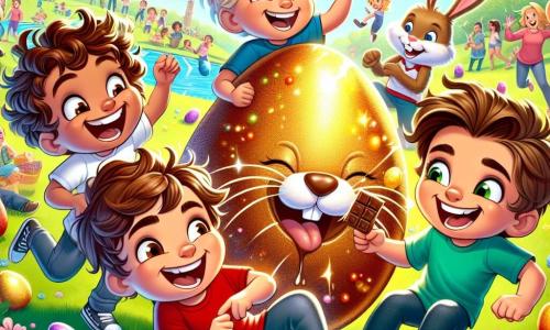 In a sunny park, four boys stand together, their faces lit up with excitement. Max, a 10-year-old with curly hair and a red t-shirt, points at a huge shiny chocolate egg rolling towards them. To his right, Leo, a 9-year-old with blonde hair and a mischievous smile, holds a piece of chocolate in his hand, eyes wide with joy. On the left, Jake, a 10-year-old with glasses and brown hair, laughs while pretending to have his ears pulled by a big stuffed rabbit. Finally, Sam, an 8-year-old with brown hair and a blue t-shirt, is buried under a pile of colorful eggs he just collected, grinning widely. The park is decorated with pastel balloons and floral garlands, with families enjoying themselves around them. Painted eggs of all colors are hidden in the green grass, while a large sign announces the Easter celebration. In the center, a big fountain sparkles in the sun, adding a magical touch to the festive atmosphere. The boys have just discovered the giant chocolate egg rolling towards them and are about to chase after it, filled with enthusiasm and determination, ready for an unforgettable adventure.