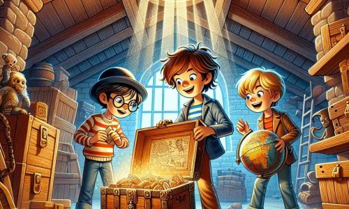 In a dusty attic filled with forgotten treasures, three young adventurers stand together. Max, a 10-year-old boy with messy brown hair and sparkling blue eyes, holds an old chest in his hands, his face filled with excitement. To his right, Leo, also 10, with round glasses and brown hair, curiously examines a globe, a clever smile on his face. On the left, Ben, a 10-year-old with blonde hair and a big grin, wears a pirate hat and laughs, ready to tell a joke.

The attic is a magical room with dark wooden beams and rays of light filtering through a small round window, illuminating the dust in the air. Old boxes are stacked, and forgotten toys are scattered on the floor, creating an atmosphere of adventure and mystery.

The three friends discover a mysterious chest and prepare to open it together, eager to reveal the hidden treasures inside. Excitement and friendship are evident on their faces, ready for an unforgettable adventure.