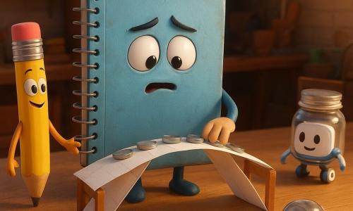The main character is Nell, an anthropomorphic spiral-bound notebook with a slightly worn light-blue cover and drawn-on eyes, nervously then relieved, holding an open page showing paper-bridge diagrams; she sits on a wooden workbench with slightly crumpled pages and pencil marks, testing the bridge with a small paw-hand. Pip, a yellow pencil-sharpener with a pink eraser, stands beside her, smiling and tapping the page encouragingly. Jasper, a small glass jar filled with shiny metal washers with a lid-face, rolls confidently in front of the bridge. Dot, a small white-and-blue wheeled robot with a tray, stops in the background flashing green success lights and bringing staples and paperclips. Two worn wooden chairs form the bridge banks left and right, long shadows cast by golden window light. The warm workshop has light brick walls, cluttered shelves of colorful tools, sheets, tape and a magnifying glass in close-up reflecting the scene. The paper bridge spans the chairs with ten washers lined on top, bending slightly but holding—tension then success—with a soft joyful light and expressions of relief and pride on the characters.