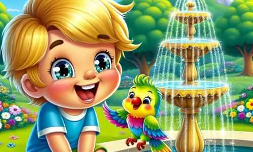 A 6-year-old boy named Leo, with bright eyes and golden hair, is sitting by a sparkling fountain, laughing heartily. He wears a blue t-shirt and colorful shorts, his cheeks flushed with excitement and joy. Next to him, a cheerful parakeet named Polly, with vibrant feathers, flies around him singing happily, adding a touch of magic to the scene. The setting is an enchanting garden filled with multicolored flowers dancing in the wind, with majestic trees providing shade. In the distance, a mountain rises under a clear blue sky dotted with fluffy clouds. The fountain, at the center of the garden, sprays sparkling water droplets that catch the sunlight, creating a delicate rainbow. The main scene shows Leo and Polly having fun together, splashing water from the fountain while laughing, symbolizing the discovery of friendship and happiness in life's little things.