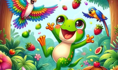 Una rana llamada Rina, con piel verde brillante y ojos redondos y chispeantes, está en el centro de la imagen, saltando alegremente con una gran sonrisa en su rostro, rodeada de frutas coloridas que caen del cielo. A su derecha, un loro de plumas vivas, Lolo, con una expresión divertida, vuela en círculos, con las alas desplegadas, mientras canta. A la izquierda, una tortuga llamada Tula, con un caparazón marrón y ojos dulces, observa con asombro, levantando las patas para atrapar una fresa que cae. Al fondo, una jungla exuberante llena de grandes árboles de troncos gruesos, flores brillantes y hojas verdes, crea un ambiente mágico. La escena representa un momento de pura felicidad donde Rina y sus amigos celebran una lluvia de frutas, riendo y jugando juntos bajo un cielo azul salpicado de nubes blancas.