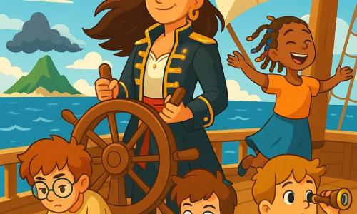 A Capitã Valentina, uma mulher corajosa de vinte e poucos anos, se destaca orgulhosamente no convés do navio Estrela do Mar. Com longos cabelos castanhos ao vento, um lenço vermelho na cabeça e uma jaqueta de pirata brilhante ao sol, seu rosto expressa determinação e seus olhos brilham de excitação. Ao seu lado, Pablo, um garoto de 15 anos com cabelos bagunçados e óculos redondos, examina uma bússola com intensa concentração, enquanto está agachado perto do leme, cercado por cartas náuticas. Mayra, uma menina de 14 anos com tranças coloridas, dança alegremente perto das velas, sorrindo e trazendo leveza ao ambiente. Timóteo, um menino de 10 anos, observa o céu com admiração, segurando um pequeno telescópio, pronto para identificar possíveis perigos. O cenário é um vasto oceano azul, com ondas cintilantes sob um céu ensolarado, enquanto o majestoso navio navega em direção a uma ilha misteriosa no horizonte, cercada por nuvens escuras e ameaçadoras. A cena principal mostra Valentina determinada a escolher o caminho certo no velho mapa, enquanto a tensão aumenta a bordo, pois os Irmãos Tempestade podem surgir a qualquer momento.