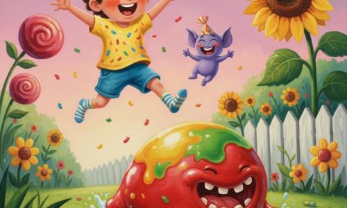 A 4-year-old boy with a round face, curly brown hair and bright brown eyes, joyful with an open-mouthed grin, mid-jump after biting a large multicolored candy, wearing a yellow confetti-stained t-shirt, blue shorts and striped socks, arms out like an airplane; beside him floats Jibber, a tiny purple creature with big ears, sparkling eyes and a candy-paper hat, laughing and pointing at a distant monster; the Jellybean Monster is huge, round and amorphous with glossy red-yellow-green gelatinous textures and a wide mouth of sugar teeth, rolling toward them in a comic but slightly menacing way; the exuberant garden has giant watercolor-like flowers, a huge sunflower they hid in, a white picket fence, thick green grass and a pink-purple late-afternoon sky, with scattered broken candies on the ground; vivid acrylic painting style with visible brushstrokes, saturated colors, soft outlines, rounded shapes and a whimsical humorous mood.