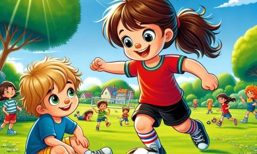 A história se passa em um parque ensolarado, com árvores verdes e um céu azul claro. No centro da imagem, Lúcia, uma menina de 10 anos, está driblando uma bola de futebol com um grande sorriso no rosto. Ela tem cabelos castanhos presos em um rabo de cavalo, veste uma camisa vermelha e um short preto, e parece cheia de energia e determinação. Ao lado dela, Pedro, um menino de 9 anos, está sentado na grama, com os olhos brilhando de admiração. Ele tem cabelos loiros bagunçados e usa uma camiseta azul e um short amarelo. Ele observa Lúcia com entusiasmo, pronto para aprender a jogar futebol. Ao fundo, o parque está cheio de outras crianças brincando e rindo, com flores coloridas e um pequeno grupo de árvores que adicionam um toque de natureza. A cena transmite uma atmosfera alegre e amigável. O foco principal mostra Lúcia ensinando Pedro a driblar a bola, enquanto o sol brilha e os pássaros cantam, simbolizando a amizade e a diversão do jogo.