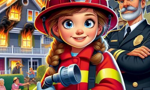 Clara, una niña de doce años, lleva un uniforme de bombero rojo brillante, un casco brillante en la cabeza y una sonrisa decidida en el rostro. Sus ojos brillan de emoción mientras sostiene una gran manguera de incendios, lista para apagar un fuego. A su lado, el capitán Ramírez, un hombre de mediana edad con una imponente figura y barba canosa, observa con orgullo, con los brazos cruzados, listo para dar instrucciones. Al fondo, la casa de la señora Pérez está rodeada de humo negro, mientras llamas naranjas bailan en las ventanas, creando una atmósfera de tensión y urgencia. La escena tiene lugar en un barrio residencial, con árboles verdes y casas coloridas, contrastando con el caos del fuego. Clara, llena de valor, se prepara para entrar en la casa y salvar al pequeño gato de la señora Pérez, ilustrando su heroísmo y dedicación.