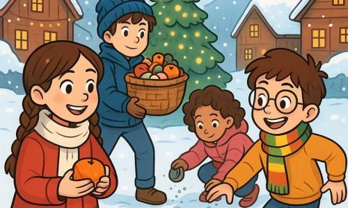 Hay 4 niños: - Clara: Una niña de 10 años, con largos cabellos trenzados y un abrigo rojo brillante, sonríe felizmente sosteniendo una mandarina. - Mateo: Un niño de 11 años, con cabello castaño despeinado y un gorro azul, está de pie con una cesta de mimbre llena de dulces, con una mirada decidida. - Inés: Una niña de 9 años, con cabello corto y rizado, lleva una chaqueta rosa y está agachada esparciendo sal en el camino para evitar el hielo, con una expresión concentrada. - Tomás: Un niño de 10 años, con gafas redondas y una sonrisa traviesa, viste una bufanda a rayas y hace un gesto cómico como si estuviera patinando sobre la nieve, justo al lado de Clara. La escena principal tiene lugar en una pequeña plaza del pueblo, rodeada de casas de madera con techos cubiertos de nieve. Luces brillantes adornan el gran árbol de Navidad en el centro, mientras los copos de nieve caen suavemente, creando una atmósfera mágica y cálida. Los niños se preparan para llevar una cesta llena de dulces a una anciana que vive en una colina, riendo juntos y apoyándose mutuamente, mientras tienen cuidado de no resbalar en el suelo nevado, llenos de emoción y buen humor.