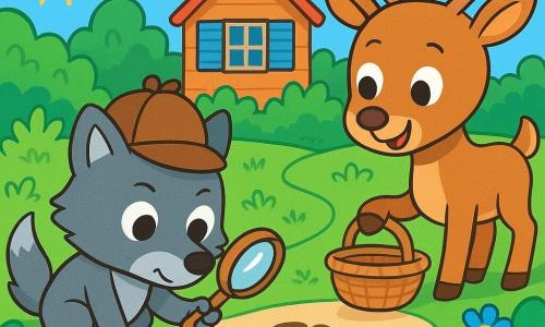 Een kleine detectivewolf, met een bruin vilten hoed en een houten vergrootglas, kijkt aandachtig naar de grond met heldere, nieuwsgierige ogen. Zijn vacht is zacht en grijs, en hij heeft een geconcentreerde en vastberaden uitdrukking. Naast hem staat een grote lichtbruine hert met grote ronde ogen en een vriendelijke glimlach, die een kleine rieten mand vasthoudt. Hij lijkt enthousiast en nieuwsgierig, en leunt iets voorover om beter te zien wat de wolf heeft ontdekt. De scène speelt zich af in een charmante zonnige tuin, vol kleurrijke bloemen, weelderige struiken en een klein grindpad. Op de achtergrond is een mooi houten huis met blauwe luiken te zien. De kleine wolf en het grote hert onderzoeken vochtige voetafdrukken op de grond, omringd door stralende bloemblaadjes, terwijl ze proberen het mysterie van de zeepgeur in de lucht op te lossen.