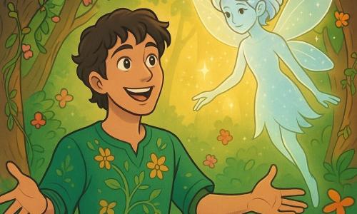 Elio, un uomo di circa trent'anni con capelli castani ondulati e occhi brillanti di curiosità, si trova al centro della scena, con un sorriso radioso che illumina il suo volto. Indossa una tunica verde decorata con motivi floreali e ha le braccia aperte, come se stesse accogliendo la magia della foresta. Accanto a lui, una creatura misteriosa, un essere fatato con ali scintillanti e pelle luminescente, fluttua nell'aria. Ha capelli argentati che brillano come stelle e uno sguardo saggio, osservando Elio con benevolenza. Lo sfondo è una foresta incantata, con alberi maestosi ricoperti di liane fiorite e funghi colorati. Raggi di luce dorata filtrano attraverso il fogliame, creando un'atmosfera magica e calorosa. La scena principale mostra Elio mentre riceve il dono della luce eterna dalla creatura fatata, mentre una dolce melodia sembra emanare dai fiori che danzano intorno a loro, riempiendo l'aria di un'atmosfera gioiosa e incantata.