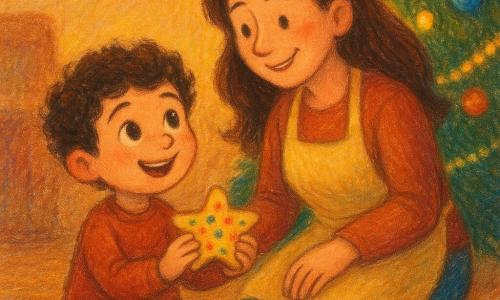 Un niño de 4 años, llamado Tomás, con cabello castaño rizado y grandes ojos brillantes, está sentado en el suelo de la sala, con una sonrisa de asombro en el rostro. Sostiene en sus pequeñas manos una estrella de galleta decorada con chispitas de colores. A su lado, su mamá, una mujer de unos treinta años con cabello largo y castaño, lleva un delantal de cocina y sonríe tiernamente mirando a Tomás. Está agachada a su altura, cerca del árbol de Navidad. La sala es cálida y acogedora, decorada con guirnaldas luminosas y un gran árbol de Navidad adornado con bolas de colores y guirnaldas brillantes. La suave luz de las guirnaldas ilumina la habitación, creando una atmósfera mágica y festiva. La escena principal muestra a Tomás y su mamá compartiendo un momento de complicidad y alegría decorando juntos para Navidad.