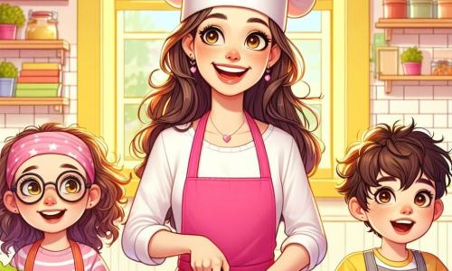 La chef Sofía, una mujer sonriente de unos treinta años, lleva un delantal rosa brillante y un gran sombrero de chef blanco. Sus ojos brillan de alegría mientras muestra a los niños cómo preparar platos deliciosos. Lucía, una niña de 8 años con cabello rizado y gafas, está inclinada sobre una mesa, fascinada por los coloridos vegetales que corta con cuidado. Tomás, un niño de 9 años con cabello castaño desordenado, está a su lado, sosteniendo un tazón lleno de frutas, listo para preparar un postre dulce. La escena se desarrolla en una cocina luminosa y acogedora, con paredes pintadas de amarillo pastel y estanterías llenas de especias y libros de recetas. Una gran ventana deja entrar la luz del sol, iluminando los ingredientes frescos dispuestos sobre la mesa. Sofía explica con entusiasmo a los niños cómo lavarse las manos antes de cocinar, mientras ríen y se divierten, ansiosos por descubrir los secretos de la cocina.