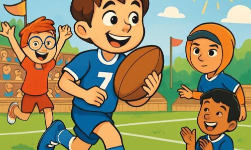 Ci sono 4 bambini: - Andrea: un ragazzo di 10 anni, con capelli castani disordinati e occhi scintillanti, indossa una maglietta di rugby blu con il numero 7 e corre sorridendo, tenendo la palla ovale in mano. - Marco: un ragazzo di 9 anni, piccolo e vivace, con capelli rossi e occhiali, indossa pantaloni corti rossi e scarpe bianche, è appena dietro Andrea, saltando di gioia con le braccia alzate. - Luca: un ragazzo di 10 anni, alto e magro, con un cappuccio arancione in testa, ha uno sguardo determinato e indossa una maglietta di rugby blu come Andrea, è di lato, pronto a ricevere la palla. - Samir: un ragazzo di 10 anni, con capelli neri e occhi brillanti, indossa una maglietta di rugby blu ed è seduto a terra, ridendo e applaudendo i suoi amici. La scena si svolge su un grande campo da rugby verde, circondato da tribune di legno piene di genitori e amici, con un cielo blu e alcune nuvole bianche, il sole brilla illuminando i volti felici dei bambini. Andrea corre verso la linea di meta con la palla di rugby stretta contro di lui, mentre Marco e Luca lo incoraggiano entusiasti. Samir, seduto a lato, applaude e sorride, creando un'atmosfera di amicizia e gioia.