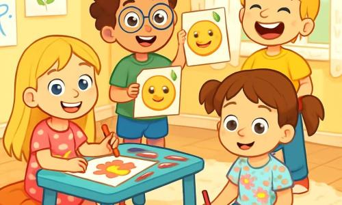 There are 4 children: - Lily: a 6-year-old girl with long blonde hair and sparkling blue eyes. She wears a pink dress with white polka dots and is sitting at a small table, smiling widely while holding a colored pencil. - Max: a 6-year-old boy with curly brown hair and round glasses. He wears a green t-shirt and blue shorts, standing next to Lily, drawing a pancake with smiling eyes. - Emma: a 6-year-old girl with brown hair in two pigtails. She wears a floral blouse and is sitting on the floor, surrounded by crayons, drawing colorful flowers on her paper. - Jack: a 6-year-old boy with messy blonde hair and a big smile. He wears a yellow t-shirt and jeans, standing behind Emma, laughing and holding a paper with a drawing of a cookie. The main setting is a bright little living room with pastel yellow walls. There is a large fluffy rug on the floor, colorful cushions scattered around the table, and sunlight streaming through lace curtains. On the wall, children's drawings are hung, adding a cheerful touch to the atmosphere. The main situation shows the children creating colorful letters for Mother's Day. They are surrounded by crayons, shiny papers, and stickers, with radiant smiles on their faces, filled with excitement and joy.