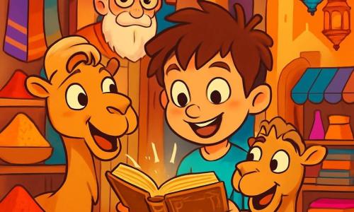 Un ragazzo di 8 anni, di nome Luca, con capelli castani disordinati e occhi pieni di curiosità, si trova al centro dell'immagine, con un grande sorriso sul volto. Indossa una maglietta blu brillante e pantaloni corti beige, tenendo un libro antico con pagine dorate tra le mani, gli occhi spalancati per lo stupore. Accanto a lui, il suo peluche cammello, Karim, con un pelo morbido e occhi maliziosi, sembra parlargli con entusiasmo, aggiungendo un tocco di magia alla scena. Sullo sfondo, un vecchio libraio, un uomo anziano con una lunga barba bianca e occhiali rotondi, si trova vicino a uno scaffale pieno di libri colorati, osservando Luca con un sorriso benevolo. Il decor è un souq animato di Dubai, con bancarelle colorate stracolme di spezie, tessuti vivaci e lanterne scintillanti, creando un'atmosfera vibrante e calda. La scena principale mostra Luca che scopre un libro antico che sembra brillare alla luce, mentre Karim, il cammello, lo incoraggia a esplorare i segreti che contiene. L'immagine cattura l'emozione e la magia della scoperta, circondata da colori vivaci e dettagli incantevoli.