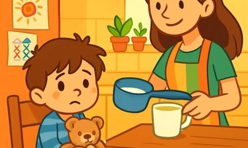 Un niño de 4 años, Lucas, con cabello castaño desordenado y ojos brillantes, está sentado en una silla de cocina de madera. Tiene un aire un poco triste pero valiente, con una leve sonrisa. Lleva un pijama azul a rayas y sostiene un osito de peluche contra él. A su lado, su mamá, una mujer de unos treinta años con cabello largo y castaño, prepara una taza de leche caliente en la encimera. Lleva un delantal colorido y sonríe tiernamente a Lucas. El entorno es una cocina acogedora, con paredes amarillas y ventanas que dejan entrar la luz del sol. Hay una mesa de madera con dibujos de niños pegados en el frigorífico y plantas verdes en el alféizar de la ventana. La situación principal muestra a Lucas, aunque enfermo, escuchando atentamente a su mamá mientras se acurruca contra su osito, listo para pasar un día tranquilo en casa.