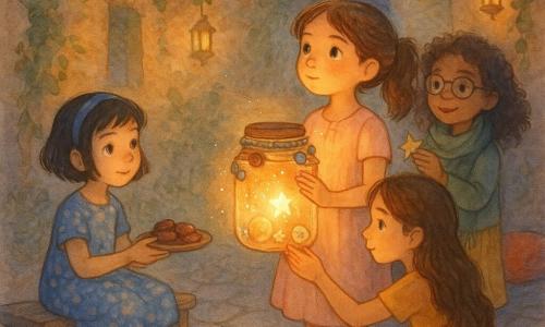 Sunt patru fete: Mara (~9 ani) cu păr șaten prins în coadă, rochie roz pal, ține un borcan-lampă decorat cu lână și nasturi și privește luna; Sara (~8 ani) cu păr negru scurt și bendă albastră, rochie cu flori albastre, stă pe un banculeț la stânga și întinde o farfurie cu curmale către Mara; Dalia (~10 ani) cu păr lung șaten și fustă galbenă este ghemuită în fața borcanului și adaugă o mică scoică decorativă pe gâtul sticlei; Yasmin (~9 ani) cu păr creț, ochelari și eșarfă verde stă în spatele Marei, zâmbitoare, ținând o stea mică din hârtie pe care o va pune în borcan. Scena are loc într-o curte la amurg, cu dale neregulate, ziduri ocres acoperite de iederă, felinare suspendate și perne colorate; fetele luminează borcanul-lampă artizanal care răspândește o lumină caldă aurie, împart curmale și privesc luna ce răsare, atmosfera fiind blândă, pastelată, cu reflexii calde pe fețe, umbre lungi și texturi moi.