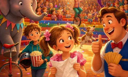 Eight-year-old Nelly, with light brown pigtails, rosy cheeks and a shy smile, wears a pink sparkly costume with a big bow, holds a crumpled seating chart and looks toward the tent; to her right Max, a round-faced thirtyish ticket seller in a blue pocketed vest, grins and gives a thumbs-up while holding a stack of golden tickets; behind her Pip, a scruffy twelve-year-old popcorn seller with a roller helmet under his arm, holds a bucket of popcorn and rolls on skates; Ella the elephant, large and grey with gentle eyes and a bunting around her neck, stands left with a unicycle by her trunk; all under a big red-and-white circus tent with rainbow benches, warm yellow spotlights and floating confetti as Nelly, surprised and happy in the spotlight, is surrounded by friends, circus animals and an enthusiastic, slightly chaotic crowd.