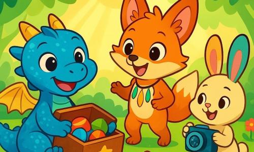 Lilo, um pequeno dragão azul com escamas brilhantes e asas douradas, está sentado no chão do prado, com um grande sorriso maravilhado no rosto. Seus olhos brilham de curiosidade enquanto segura uma caixa de brinquedos aberta, revelando objetos coloridos dentro. Ao seu lado, Fifi, uma adorável raposinha de pelagem laranja vibrante e várias caudas, observa com olhos brilhantes de excitação, segurando seu colar de penas cintilantes. Ela está em pé, pulando alegremente, com as orelhas em pé, cheia de entusiasmo. Tico, um pequeno coelho com grandes orelhas multicoloridas, está tirando uma foto com uma câmera mágica, exibindo um sorriso travesso e olhos brilhantes de alegria. O local é um prado encantado, repleto de grandes folhas verdes que formam um teto natural, deixando passar raios de sol dourados. Flores coloridas e brinquedos de madeira estão espalhados ao redor, criando uma atmosfera alegre e acolhedora. A cena principal mostra Lilo e seus amigos descobrindo o tesouro escondido na caixa, cercados por um clima de camaradagem e aventura, prontos para celebrar sua vitória com sorrisos radiantes.