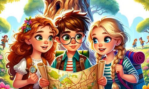 Uma menina de 10 anos, Clara, com cabelos castanhos cacheados e olhos brilhantes de curiosidade, segura um velho mapa enrolado nas mãos, seu rosto radiante de excitação. Ao seu lado, Lucas, um garoto de 10 anos com óculos redondos e cabelos castanhos bagunçados, observa o mesmo mapa com expressão concentrada, segurando uma bússola na outra mão. Sofia, uma menina de 10 anos com cabelos loiros trançados e um sorriso corajoso, fica ligeiramente atrás, pronta para incentivá-los, com uma mochila colorida nas costas. O cenário é um parque verdejante, cheio de árvores majestosas e flores coloridas, com uma grande área de recreação ao fundo, onde crianças riem e brincam. No centro da imagem, Clara, Lucas e Sofia estão diante de uma grande árvore retorcida, onde um buraco misterioso chama sua atenção, cercado por raios de sol filtrando através das folhas. A cena mostra os três amigos prontos para descobrir um tesouro escondido, com expressões de aventura e camaradagem, ilustrando o espírito de exploração e descoberta.