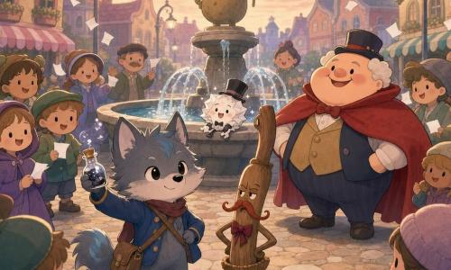 Pip, a small anthropomorphic wolf with grey fur and faint blue streaks, stands upright with a paw raised defiantly and a small glowing smoke bottle in his satchel; the Running Joke, a tiny creature of sparkling laughter like a crumpled paper figure with a top hat, perches on the fountain's edge with a mischievous expression; Gerald, a polished wooden talking broom with a theatrical ribbon moustache and a comically grumpy look, stands beside Pip as an accomplice; the portly smiling mayor in a shiny red cape stands behind Pip with hands on hips; a colorful crowd of children and townsfolk hold white papers drifting like flakes; Bramblewick square features pale brown round cobbles, a stone fountain with gentle splashing water and a caricature potato statue, pastel shopfronts and curved lampposts; scene: a playful joke contest at dusk, Pip and the Running Joke face each other amid floating papers, warm lighting, soft contrasts, clear centered composition for a cute, legible image.